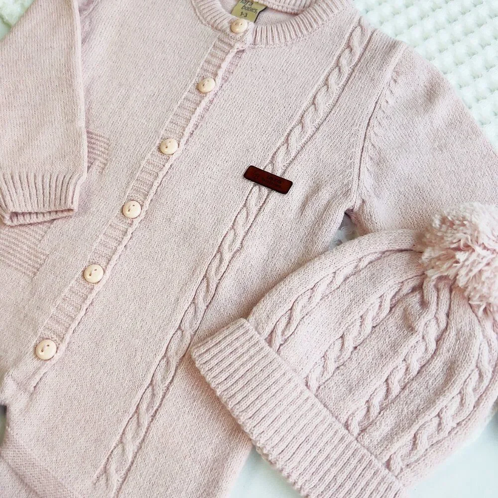 Baby Knit Jumpsuit Buttoned Outfit with Beanie Jumper for Baby Girl